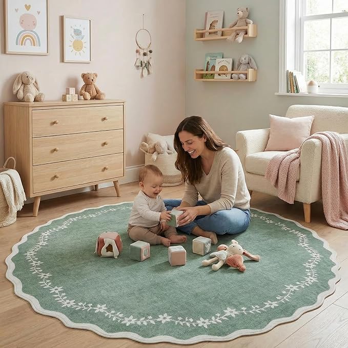 GarveeHome Large Round Rug 8ft Scalloped Washable Circle Living Room Rug | Soft - Image 3