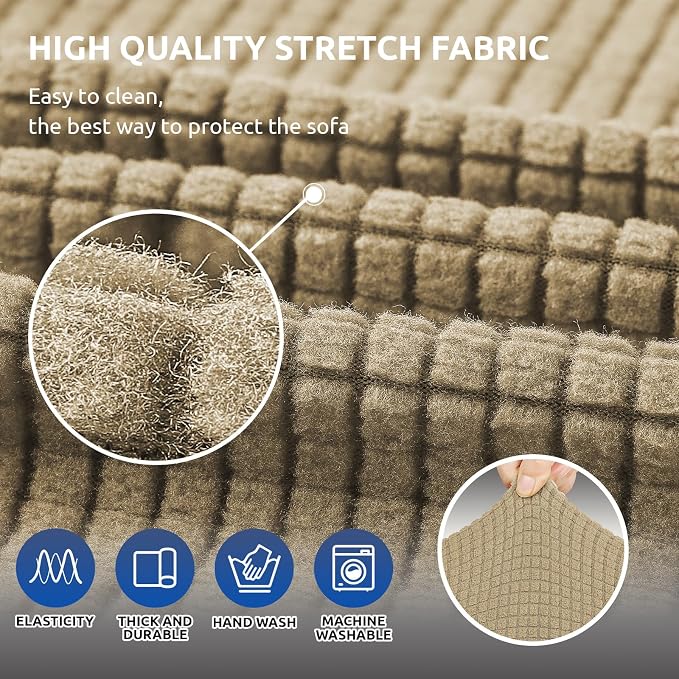 Stretch Couch Covers for Sofa, 3 Cushion Couch Slipcover, Tan | 1-Piece - Image 4