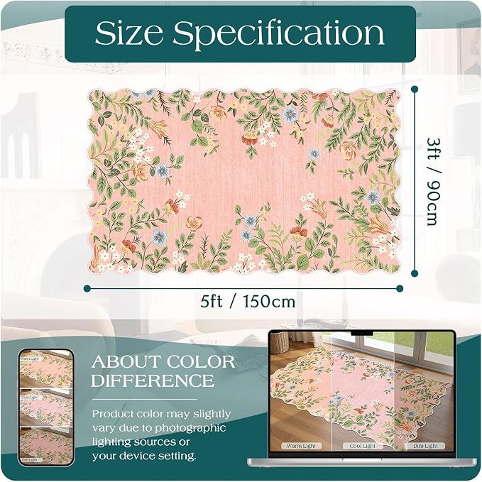 Pink Floral Entry Rug, 3x5 Ft Indoor Outdoor Mats - Image 2