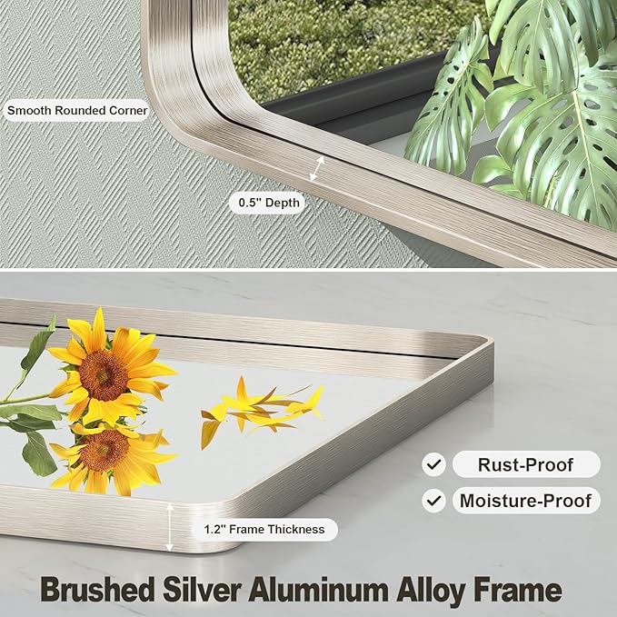 28x36 Inch Brushed Nickel Bathroom Mirror, Brushed Silver Metal Framed Wall Mirror, Rounded Rectangle Bathroom Vanity Mirror, Anti-Rust, Shatterproof (Horizontal/Vertical)