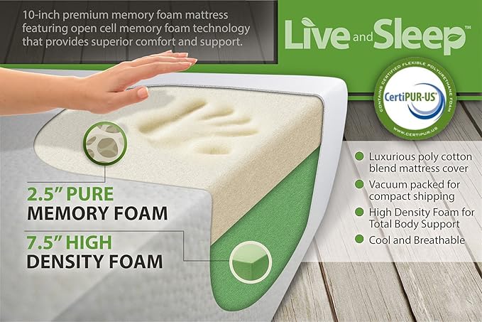 Live and Sleep Resort Classic - RV Short Queen Memory Foam Mattress - 10-Inch Bed in a Box - Medium Firm, CertiPUR Certified - Trailer/Camper/Trailer, Motorhome, RV Short Queen Size