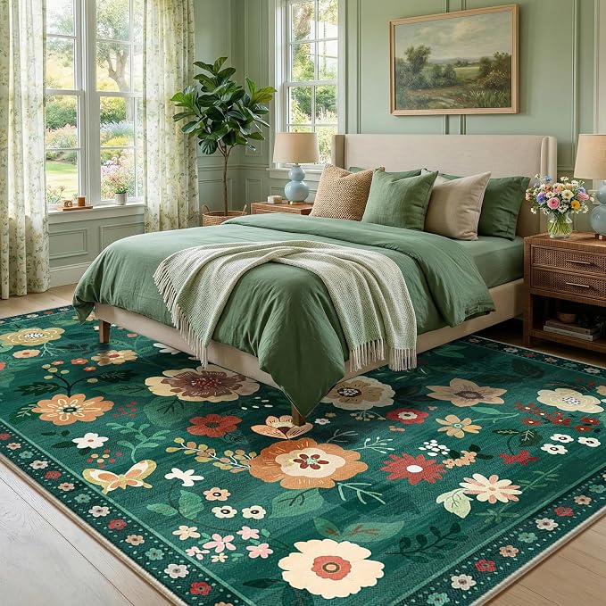 RELEANY Floral Washable 9x12 Area Rugs DarkGreen | Flower Carpet Print Boho - Image 6