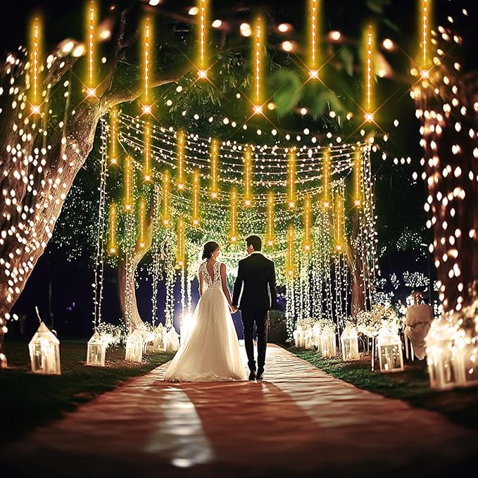 Kwaiffeo Warm White Icicle Lights Outdoor, 16-Tube Meteor Shower Lights for Christmas Thanksgiving New Year Party Yard Wedding Decor, Equivalent to 2 Sets of 8-Tubes