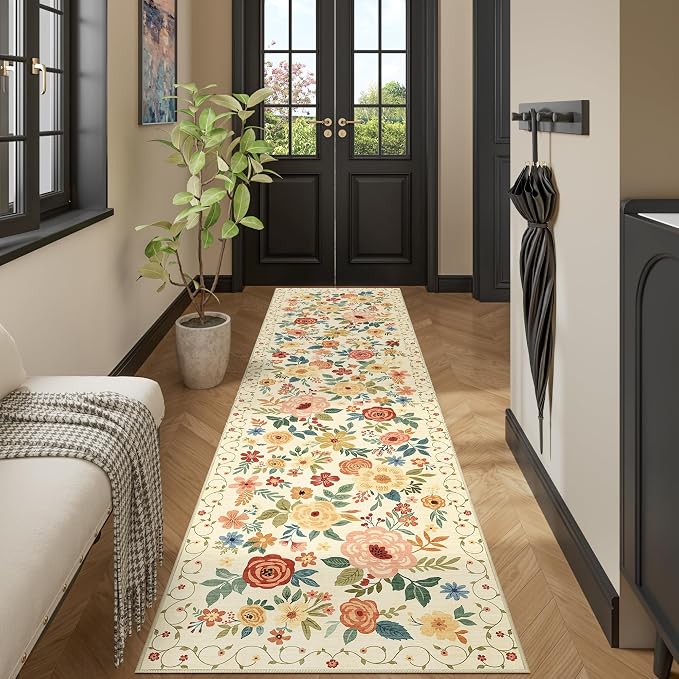 DUKINO 2.6x10 Hallway Runner Rug Washable Kitchen Rug Non Slip Beige Yellow | - Image 5