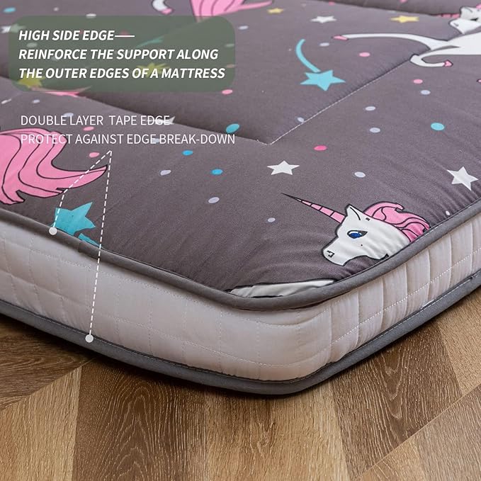 MAXYOYO Unicorn Pattern Futon Mattress, Full Size Japanese Floor Mattress Quilted Bed Mat Topper, Extra Thick Folding Sleeping Pad Breathable Guest Bed for Camping Couch
