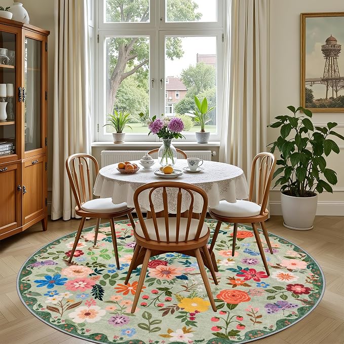 PLHXFR Round Area Rug Living Room: 4 ft Floral Washable Soft Carpet Green | - Image 4