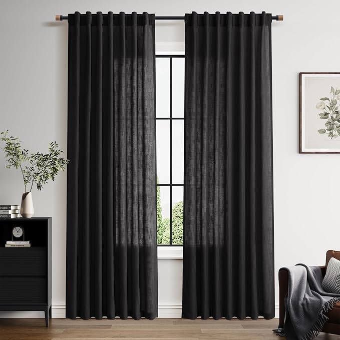 Vintage Black Linen Curtains 84 Inch Length 2 Panels Set by Nanspring
