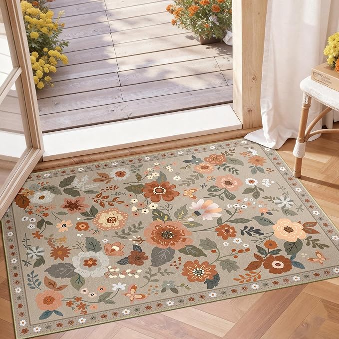 RELEANY Floral Washable 2x3 Area Rugs Doormat Brown/Brick | Flower Carpet Print by RELEANY