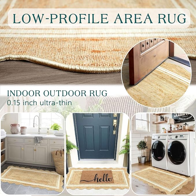 Front Door Mat - 2x4.3 Neutral Farmhouse Scalloped Small Runner Rug | Washable - Image 5