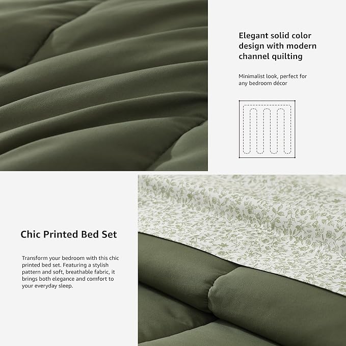 Monbix King Size Comforter Set - 7 Pieces Bed in a Bag King, Olive Green Track Stitching Bedding Sets, All Seasons Down Alternative Comforter Bed Set with Sheets, Pillowcases & Shams