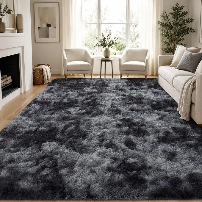 PLHXFR 9x12 Area Rugs Living Room: Fluffy Bedroom Soft Shag Rug Black Grey | by PLHXFRSoftAreaRugs