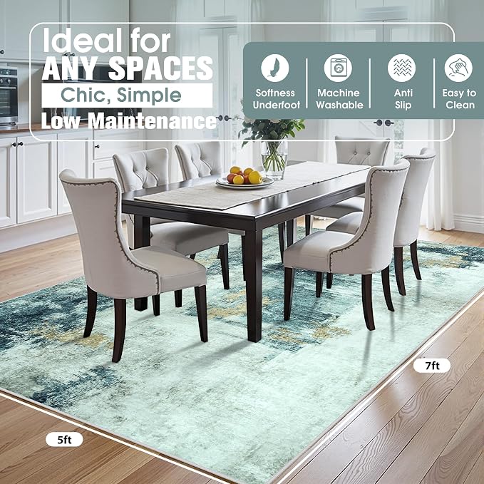 5x7 Area Rugs for Living Room Washable Bedroom Dining Room Teal Grey Gold | - Image 2
