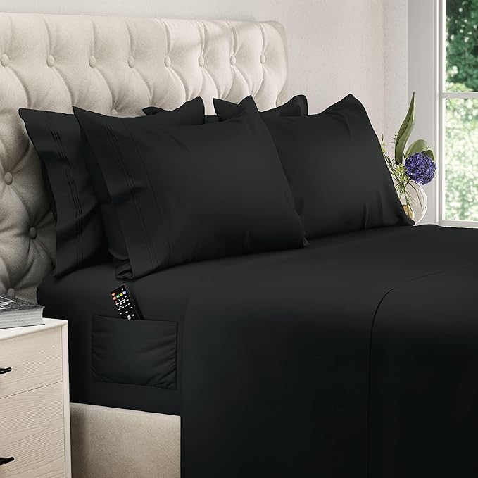 DREAMCARE King Size Sheets Set – 6 pcs Cooling Bed Sheets – up to 15” Deep Pocket King Sheet Set – 2500 Supreme Collection – Extra Soft 100% Brushed Microfiber Hotel Luxury with Side Pocket – Black