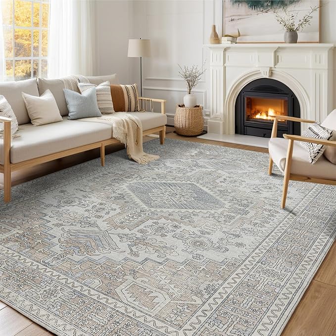 6x9 Washable Area Rugs for Living Room, Dining Room- Retro Taupe | Ultra Soft by Lbris
