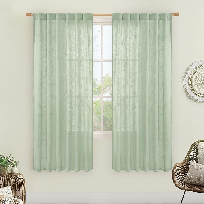 Fresh Green Linen Boho Curtains 68 inch Length 2 Panels by LAMIT