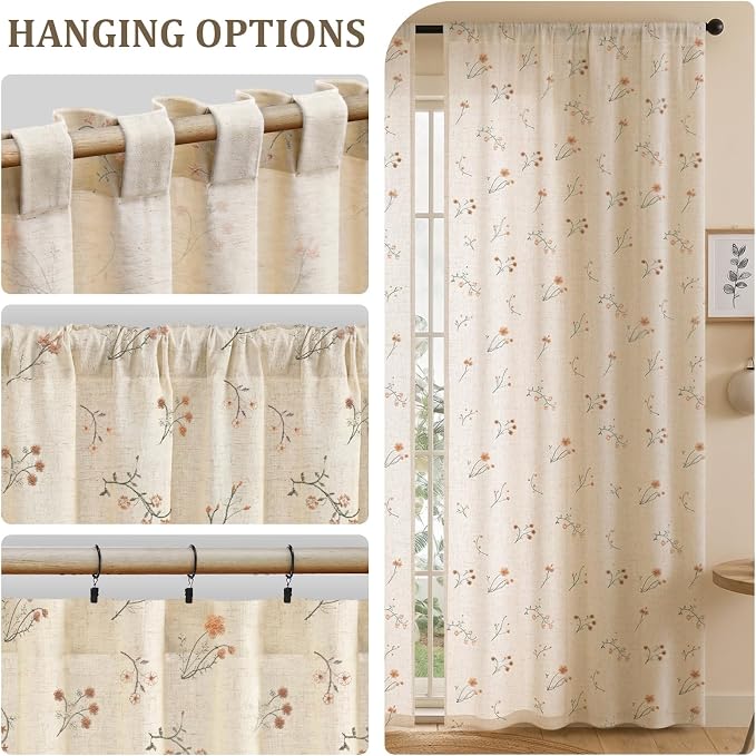 Floral Embroidered Light Filtering Curtains 96 Inch 2 Panels | Linen Blend - Image 6