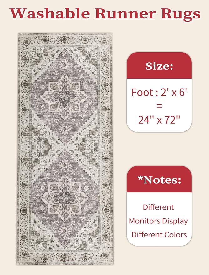 SERISSA 2x6 Washable Non Slip Boho Runner Rug - Image 2