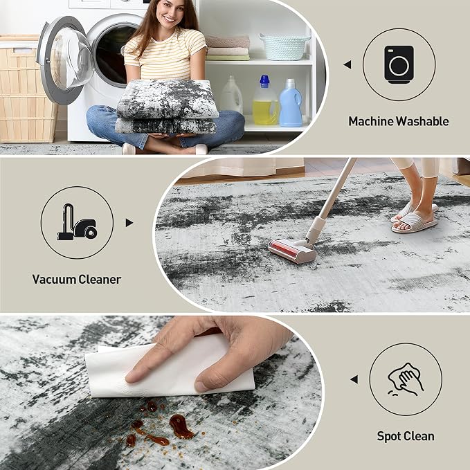 5x7 Area Rugs for Living Room: Washable Abstract Black White Grey Carpet | - Image 4