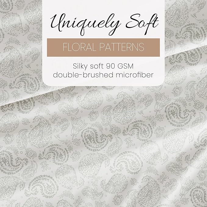 Linen Market Double-Brushed Patterned Microfiber Queen Sheet Set 4 Piece – Oeko-TEX Certified Ultra Soft & Wrinkle-Free - 16" Deep Pocket Sheets - Easy Care Queen Size - Coarse Paisley Light Gray