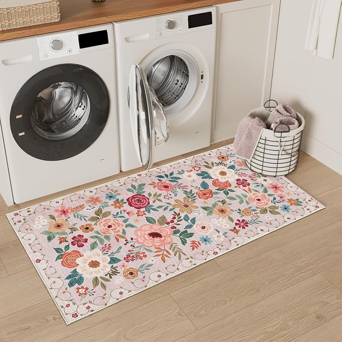 DUKINO 2x4 Entryway Rug, Floral Washable Kitchen Rugs Non Slip, Soft Indoor - Image 6