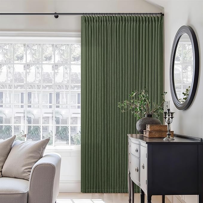 Olive Green Pinch Pleated Linen Semi Sheer Bedroom Curtains 92 Inches Long | by Twodrapes