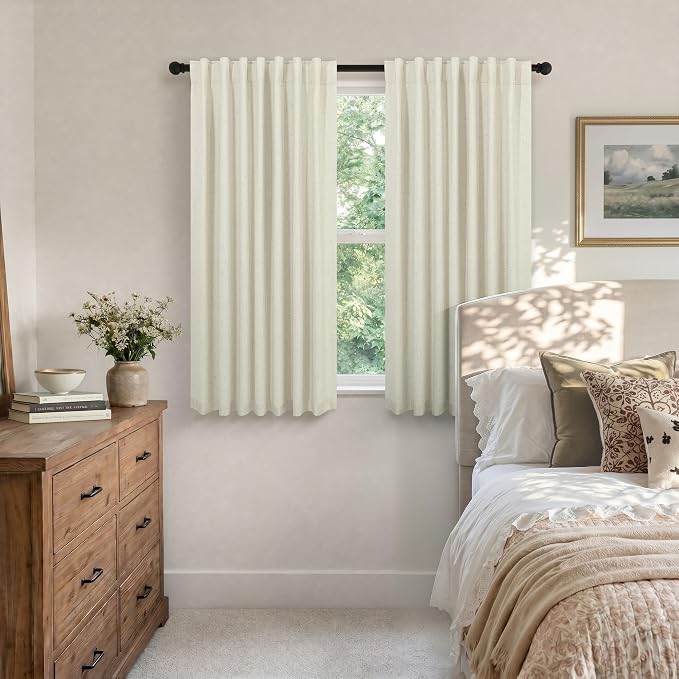 Linen Textured Boho 100% Blackout Small Window Curtains 45 inch Length 2 Panels - Image 3