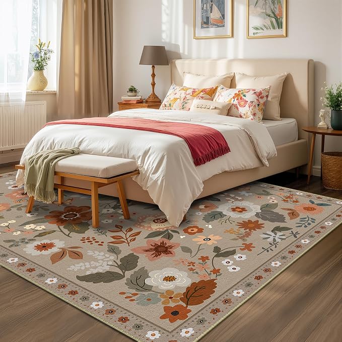 RELEANY Floral Washable 6x9 Area Rugs Brown/Brick | Flower Carpet Print Boho - Image 6