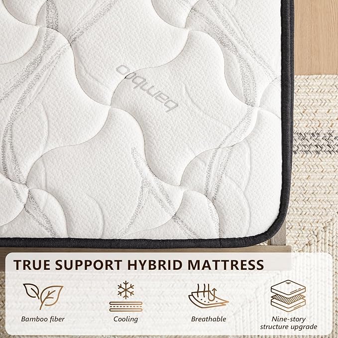 Full Size Mattress 12 Inch Hybrid Mattress in a Box with Bamboo Cover - Memory Foam Mattress with Memory Foam and Pocket Springs - Medium Firm Mattress with Pressure Relief