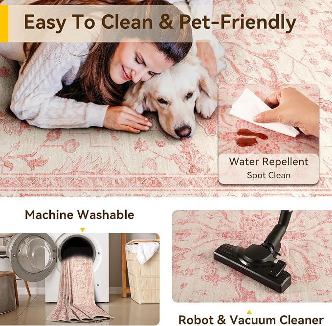 RELEANY Washable Area Rug, Round 4ft, Water Repellent, Pet Friendly, Vintage - Image 5