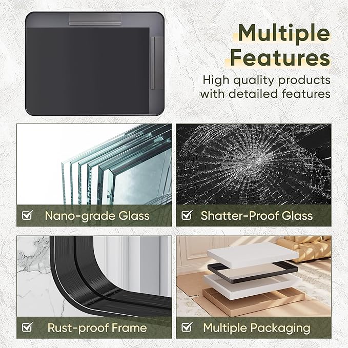 Suidia Bathroom Mirror, 60" x 36" Wall Mirror Metal Framed, Bathroom Vanity Mirror for Living Room Bedroom Bathroom Entryway, Black, Rounded Corner Style
