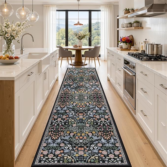 PLHXFR 2.6x14 Washable Runner Rug：Floral Indoor Kitchen Carpet Dark Black | by PLHXFRSoftAreaRugs
