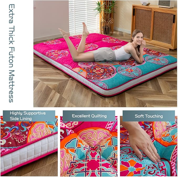 MAXYOYO Bohemian Style Futon Mattress, Padded Japanese Floor Mattress Quilted Bed Mattress Topper, Extra Thick Folding Sleeping Pad Breathable Floor Lounger Guest Bed for Camping Couch, Red, Queen