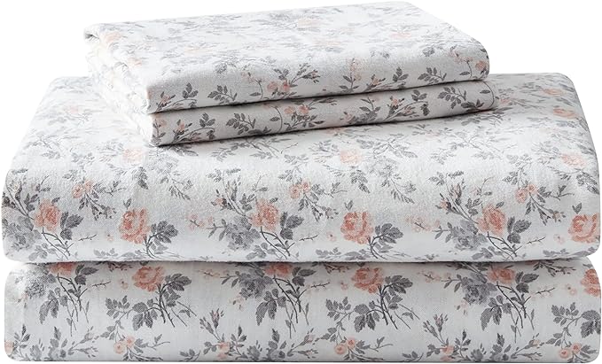 Laura Ashley - Flannel Sheets King Size, Anti-Pilling & Wrinkle Resistant Cotton, Touchably Soft for All-Season Comfort - Bed Sheets with Matching Pillowcases & Fitted Sheet (Rosalie Grey)