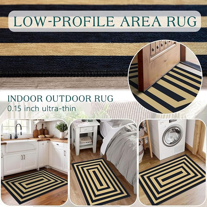 Front Door Mat Indoor Outside Entrance, 2x3 Black Tan Striped Rug | Non-Slip - Image 6