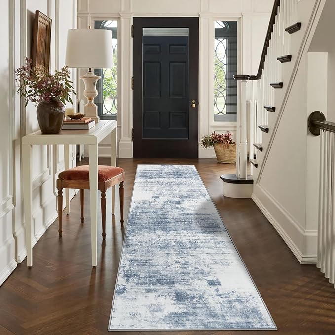 2'6''x8' Runner Rugs Washable Rug:Modern Abstract Hallway Blue White Carpet | - Image 6