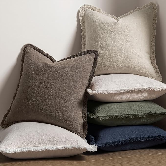 MIULEE Linen Fringe Decorative Fall Euro Throw Pillow Covers Coffee 24x24 | Set - Image 5