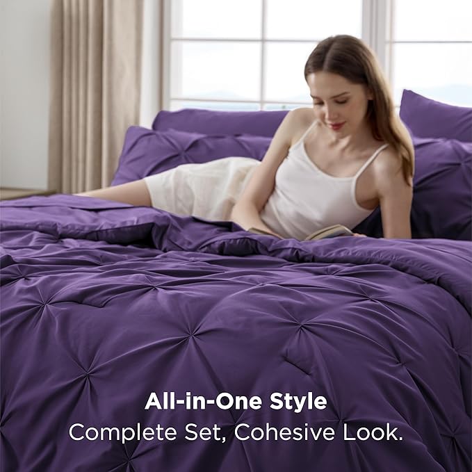 Bedsure Full Comforter Set Purple - Bed in a Bag Full Size Bedding Set 7 Pieces, GentleSoft™ Pintuck Bed Set Gift for Family, Pinch Pleat All Season Comforter with Sheets, Pillowcases & Shams