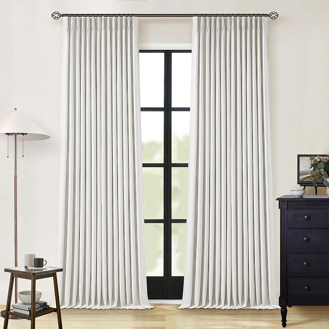 Beige White Pinch Pleated Full Blackout Linen 96 Inch Curtains 2 Panels | Room by Twodrapes