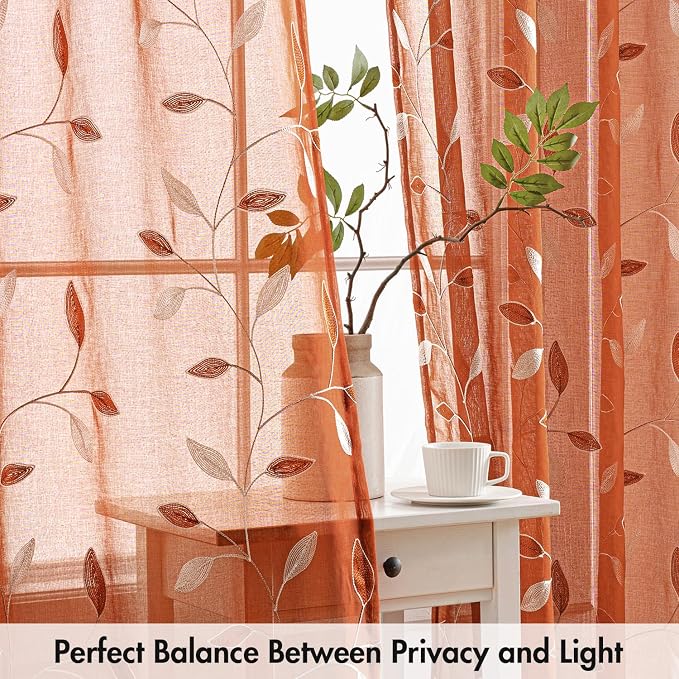 MIULEE Terracotta Sheer Fall Leaf Curtains Burnt Orange 2 Panels 52"x96" | - Image 5