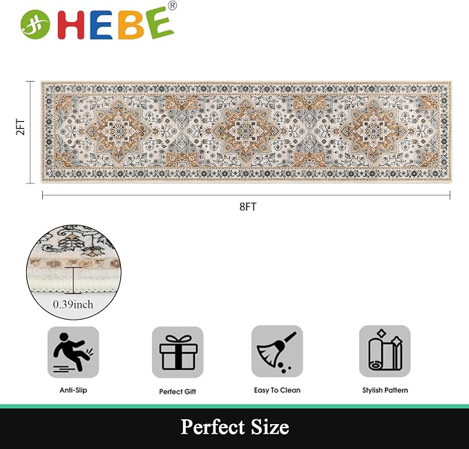 HEBE Hallway Runner Rug 2'x8', Washable Non Slip Kitchen Rug Runner | Soft Boho - Image 2
