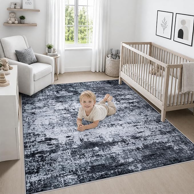 Area Rug Living Room: 5x5 Modern Washable Indoor Carpet Black | - Image 5