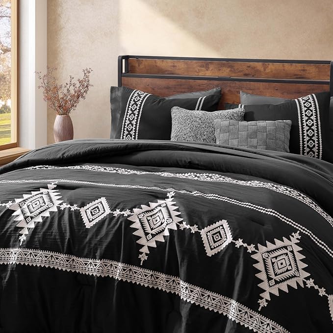 MaiRêve Embroidery California King Size Comforter Set Charcoal Black, Boho Farmhouse Western Bedding Set 7 Pieces, All Season Bed in A Bag Comforter Set with Sheets, Pillowcases & Shams