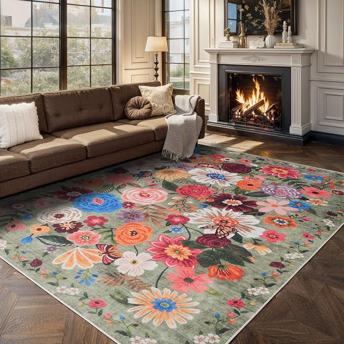 Floral Large Area Rug 10x14 for Living Room Bedroom | Low Pile; Non Slip; - Image 6