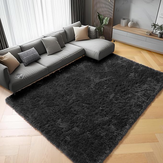 Black Area Rugs for Living Room Bedroom, 5x8 Fluffy Shaggy Rug, Soft Plush by ONASAR