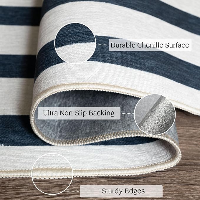 Front Door Mat Indoor Entrance, 2x4.3 Ft Blue and White Striped Rug | Washable - Image 3