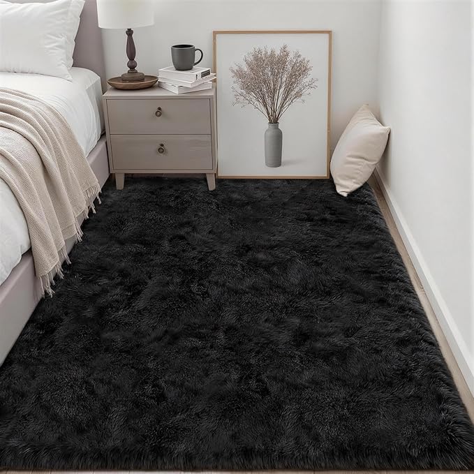 Area Rug Living Room Bedroom: 6x9 Fluffy Plush Shag Carpet Black | - Image 3