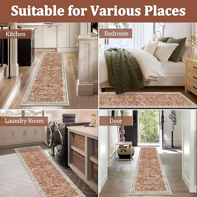 Yamaziot 2x6 Washable Hallway Runner Rug Non Slip Floral Carpet, Brick-red | - Image 6