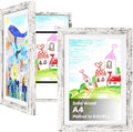 KINLINK A4 Kids Art Frame Set of 2, Solid Wood Kids Artwork Frames Changeable with Acrylic Front Opening Holds 150 Pictures 8.3x11.7, Art Frames for Kids Artwork with Mat or without Mat, Rustic White