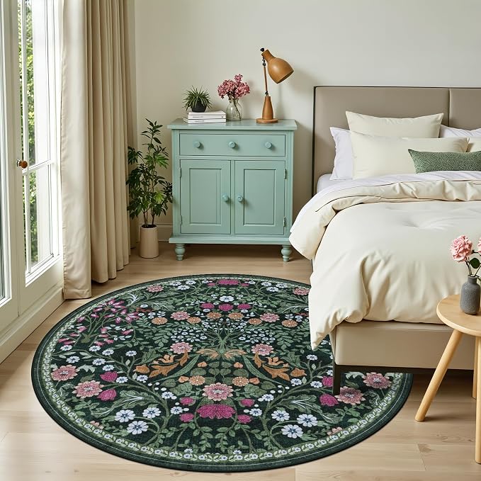 PLHXFR Round Area Rug Living Room: 6 ft Floral Washable Carpet Dark Green | - Image 3