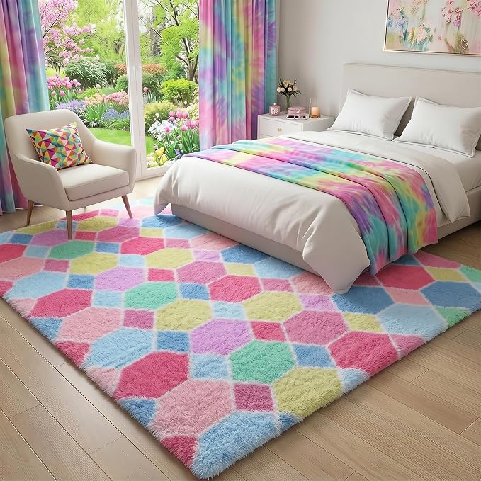Checkered 8x10 Area Rugs for Living Room, Fluffy Pink Rainbow Girls Rug | Soft - Image 5